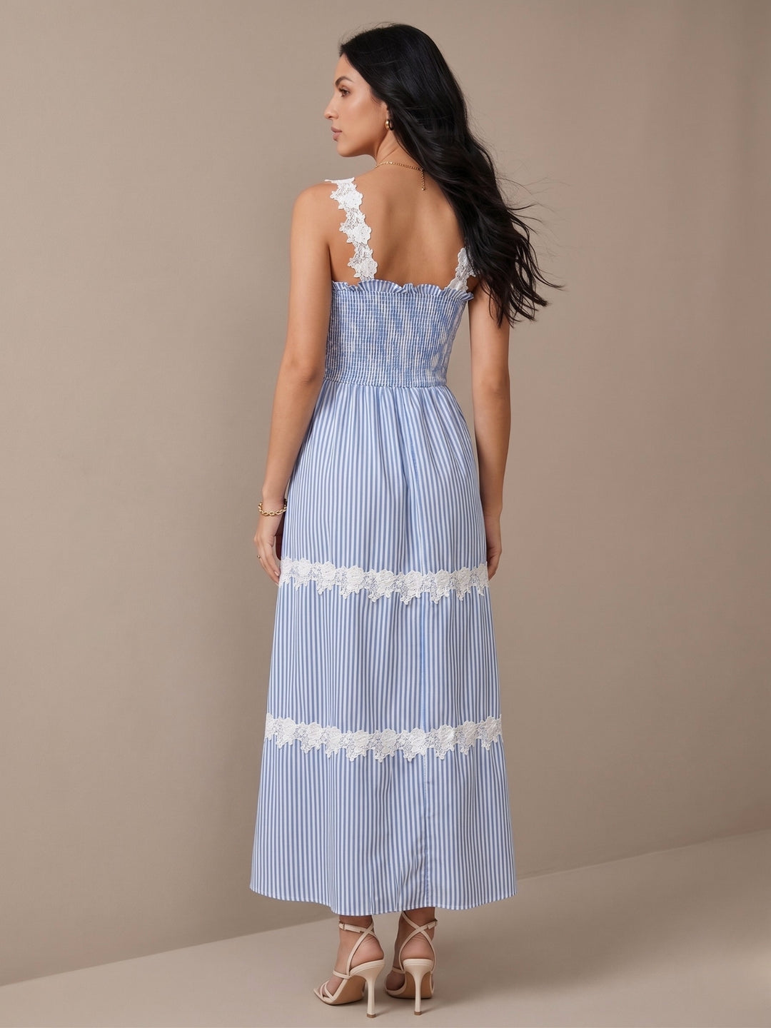 Blue Lace Detail Striped Dress