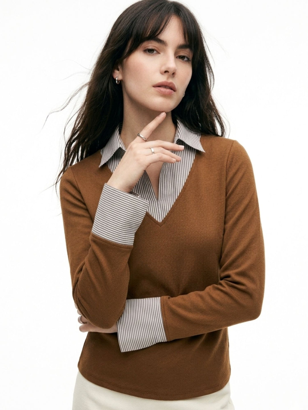 Brown Full Sleeve Contrast Collar Fitted Top