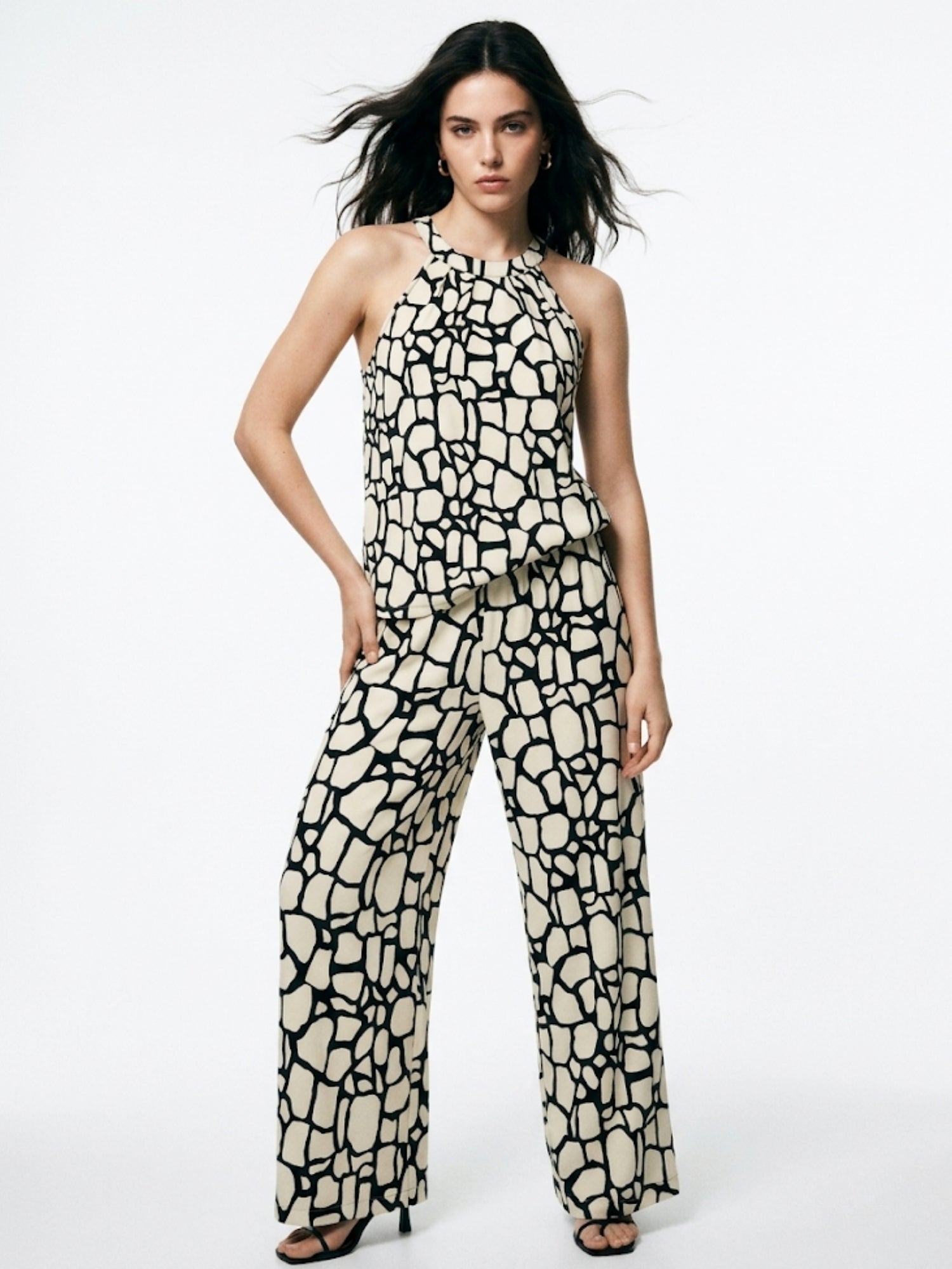 White Abstract Patterned Halter Top And Trousers Co-Ord Set