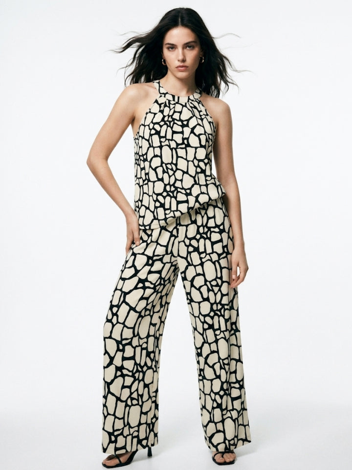 White Abstract Patterned Halter Top And Trousers Co-Ord Set