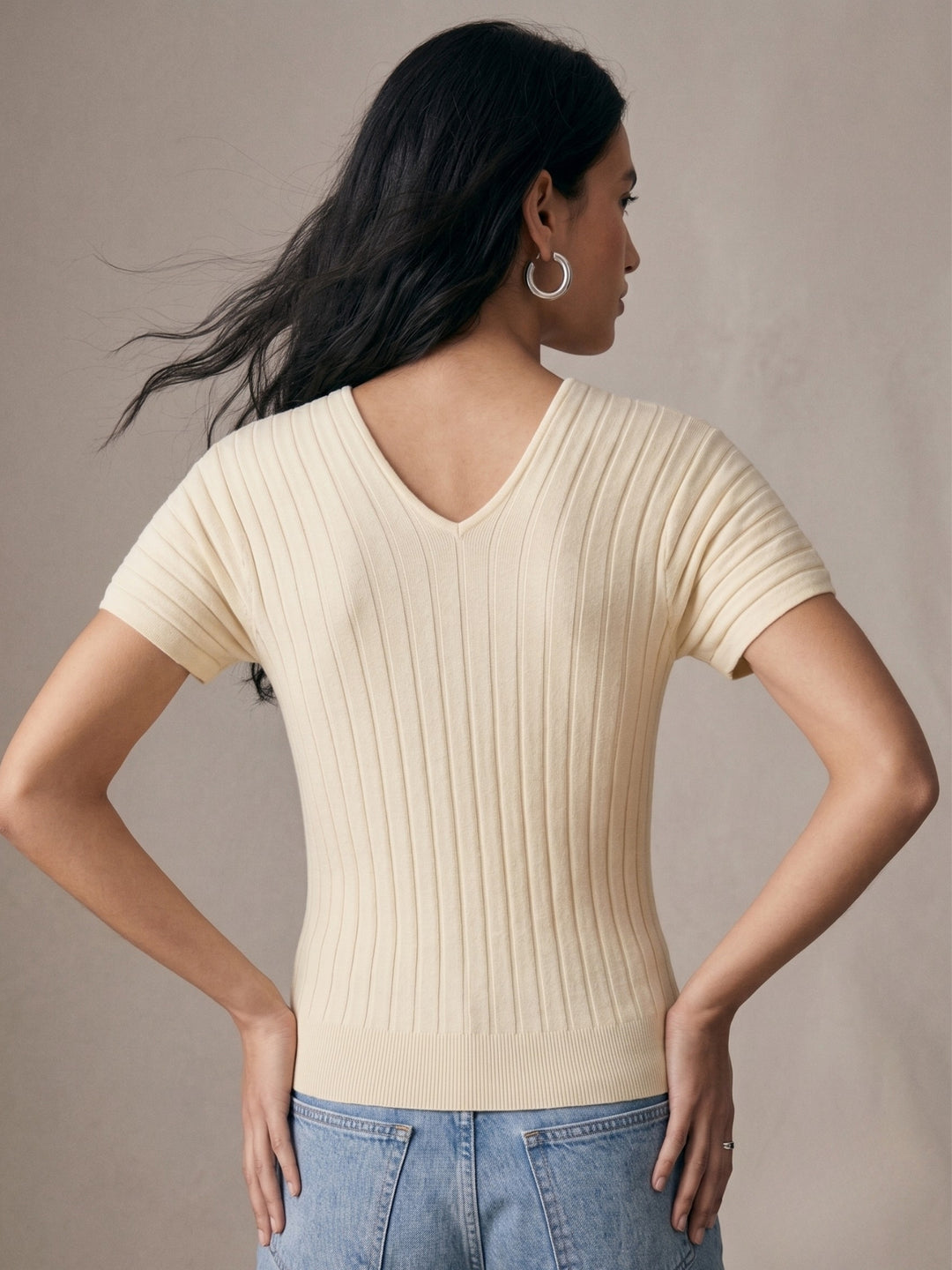 Cream V-Neck Textured Top