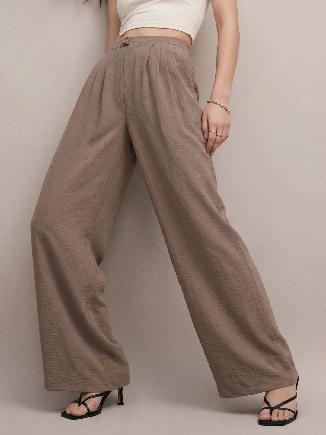 Beige High Waisted Pleated Flowy Trouser