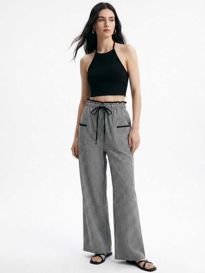 Black Contrast Waist Checkered Pant