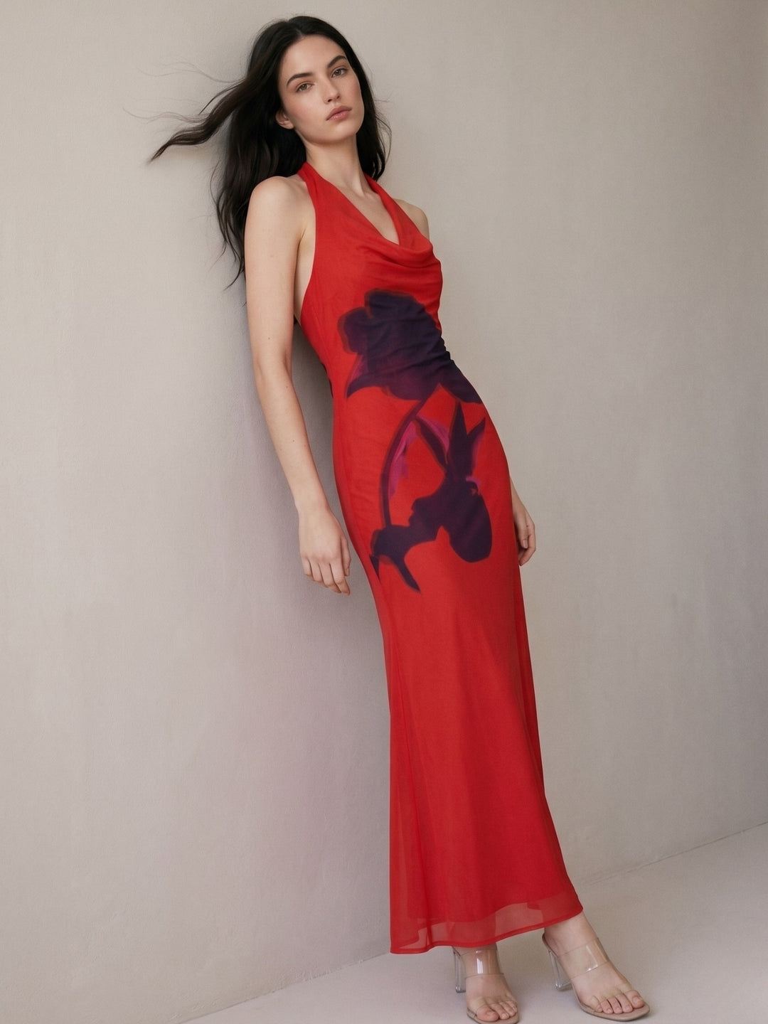 Red Halter Cowl Neck Printed Dress