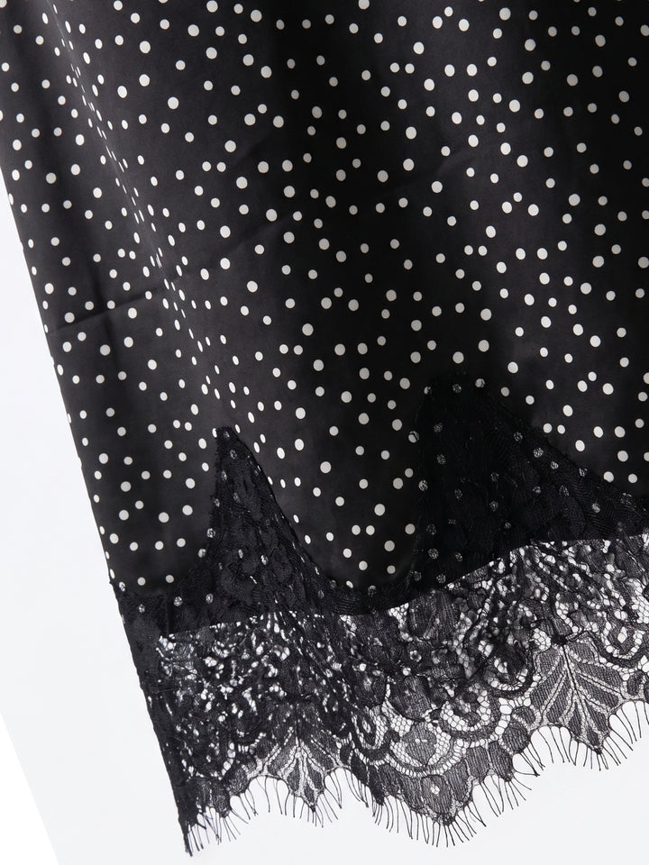 Black Midi Skirt In Polka Dot Fabric With Eyelace Lace Hem Detail