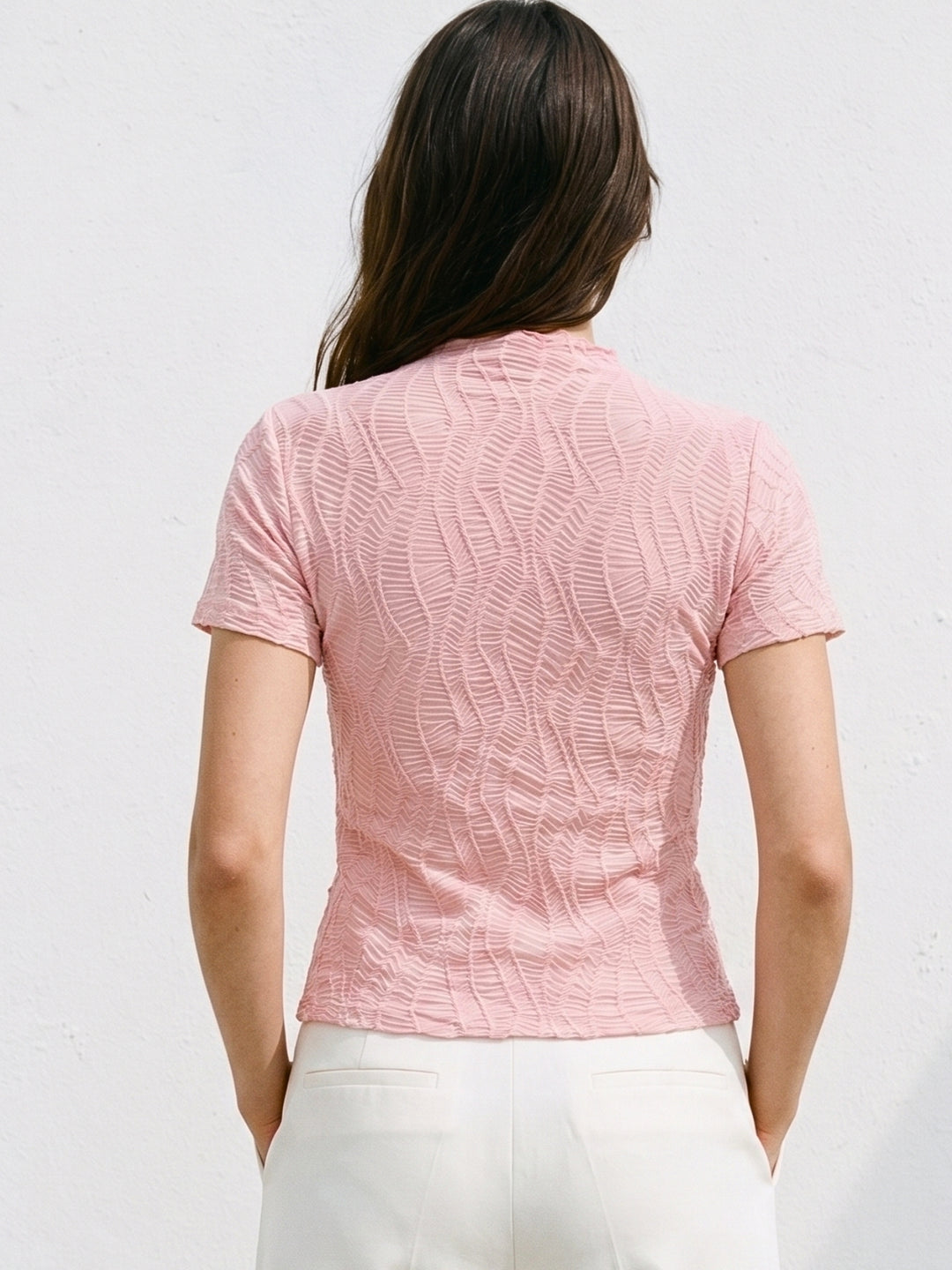 Pink Textured High Neck Fitted Top