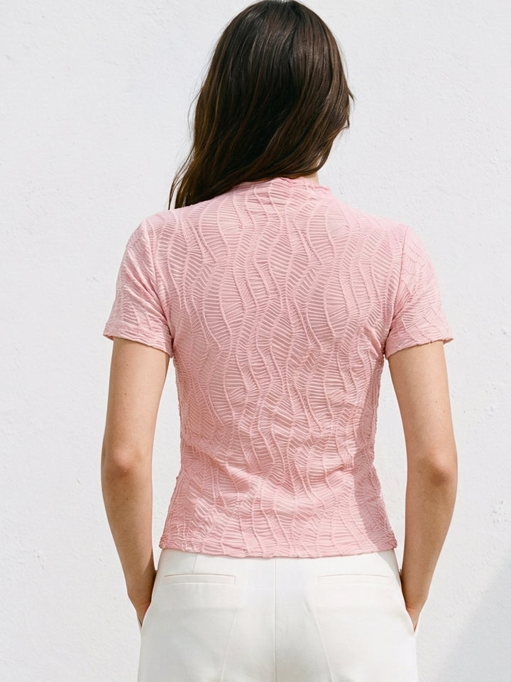 Pink Textured High Neck Fitted Top