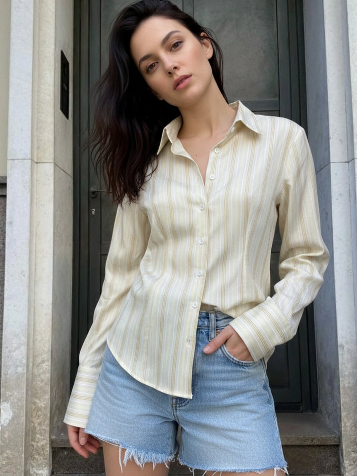 Yellow Full Sleeve Fitted Striped Shirt