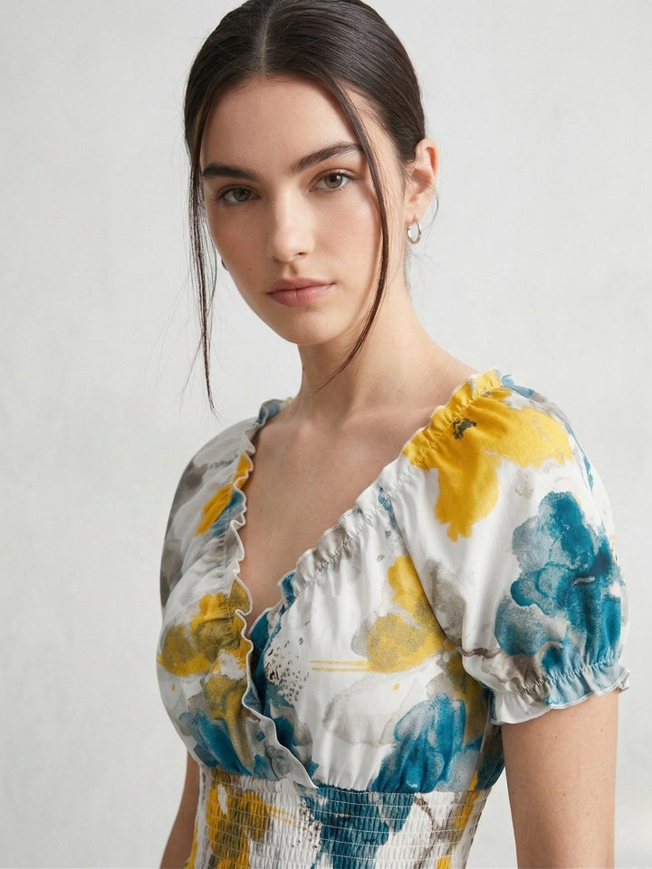 Multi Short Sleeve Waist Fitted Floral Dress