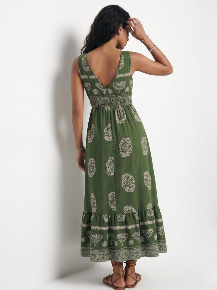 Olive Sleeveless V Neck Printed Dress