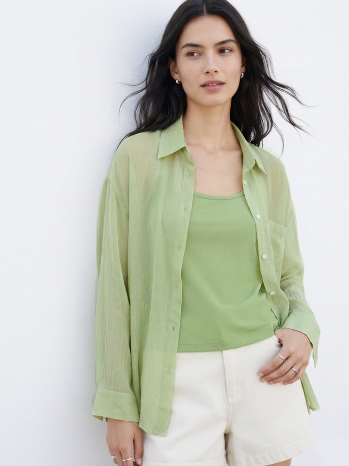 Green Full Sleeve 2Piece Semi Sheer Shirt With Top