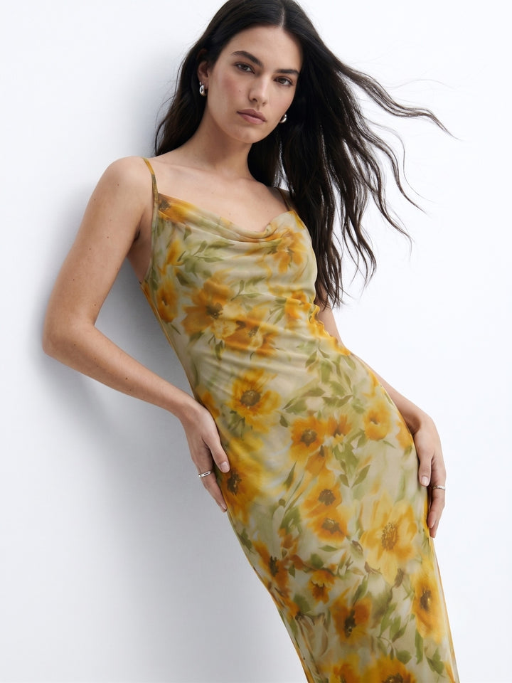 Mustard Blurry Floral Printed Dress