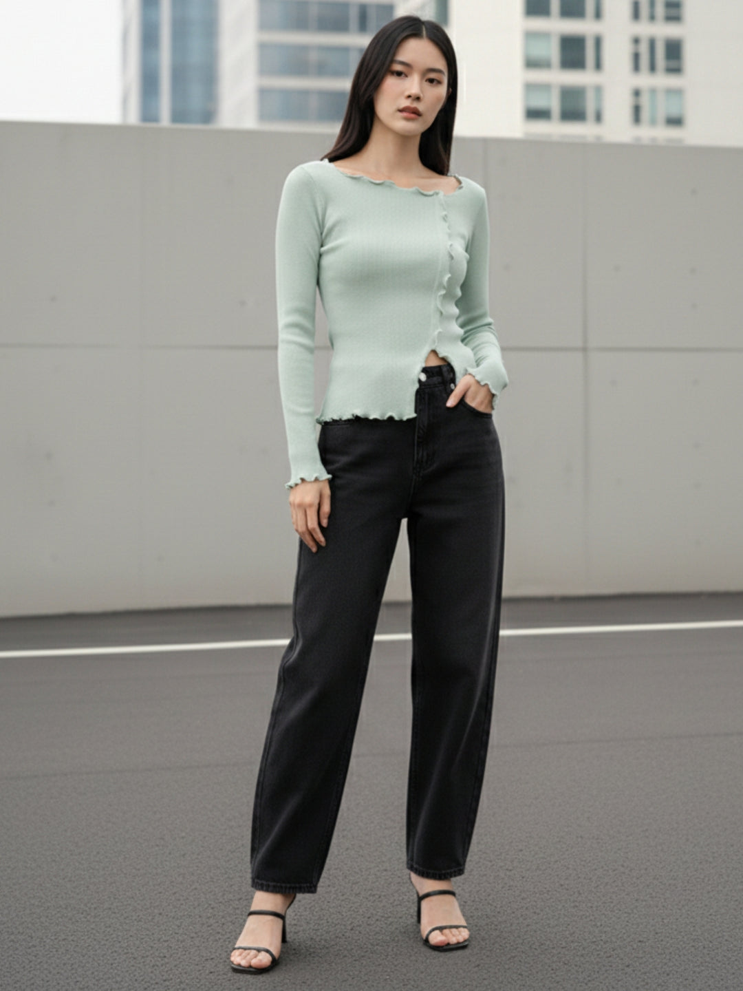 Light Blue Full Sleeve Wavy Hem Top