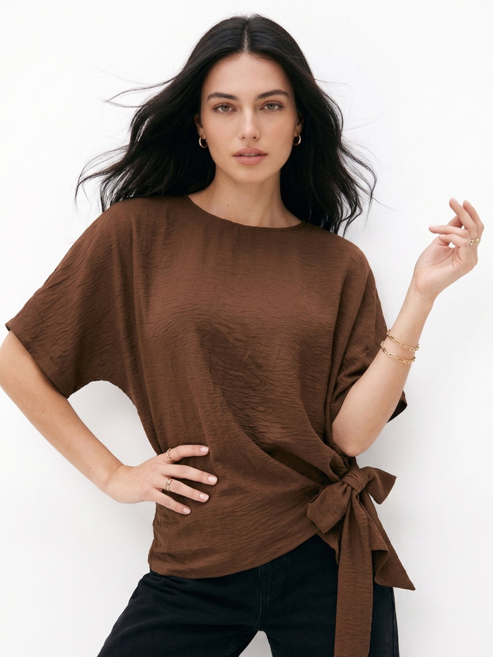 Brown Waist Tie-Up Crew Neck Tops