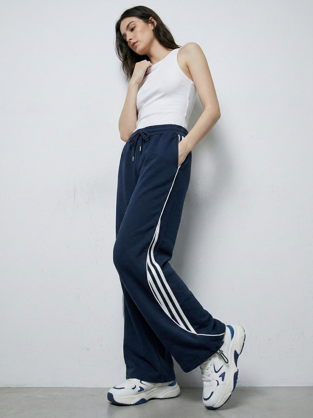 Navy Blue Side Seam Detailing Wide Leg Pant