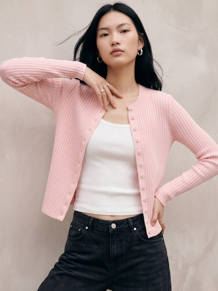 Pink Striped Textured Cardigan Styled 2Pcs Top