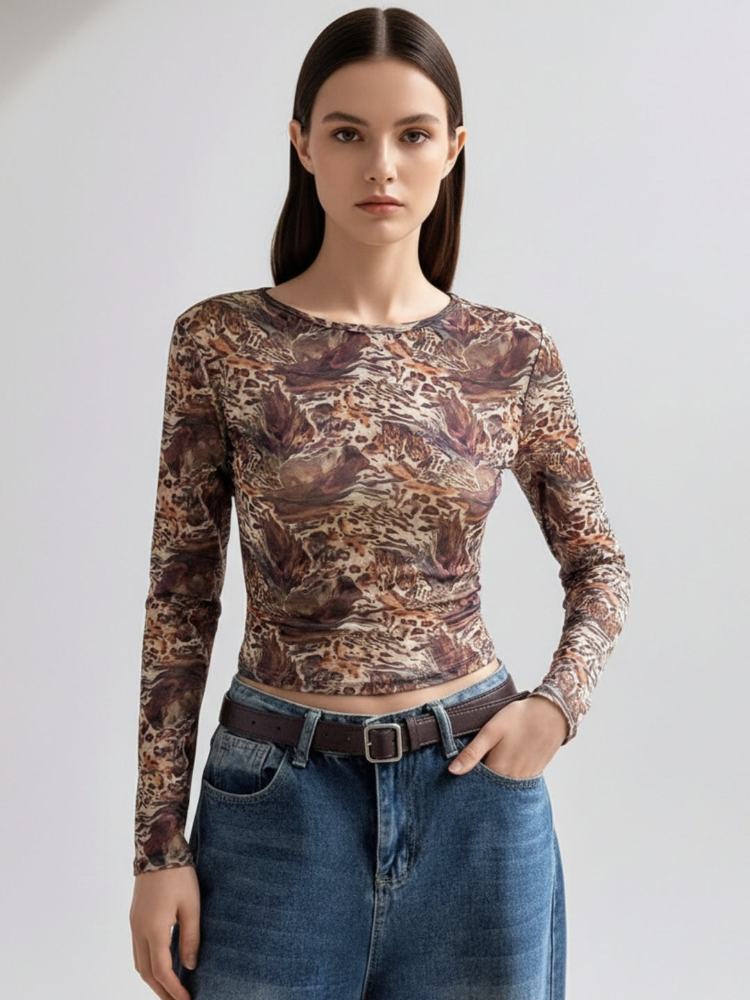 Brown Animal Printed Sheer Top