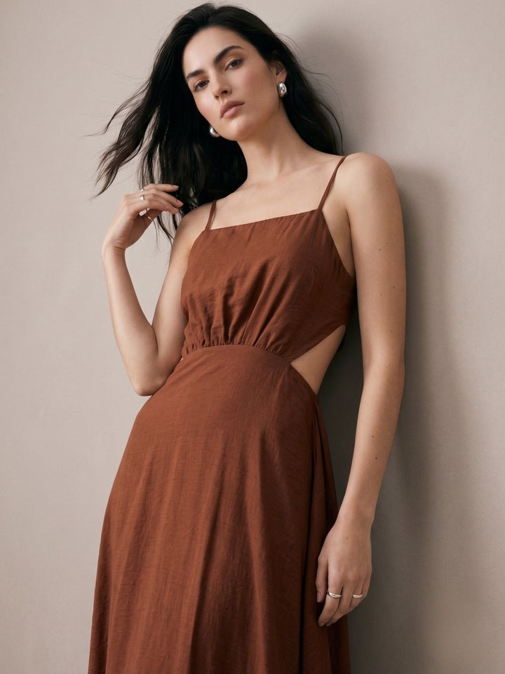 Brown Strappy Dress With Below Waist Tie Up Detail