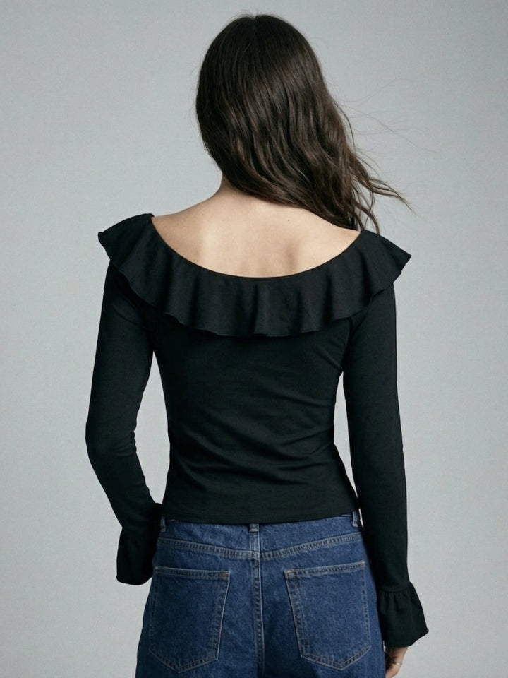 Black Ruffle Sleeve Boat Neck Top
