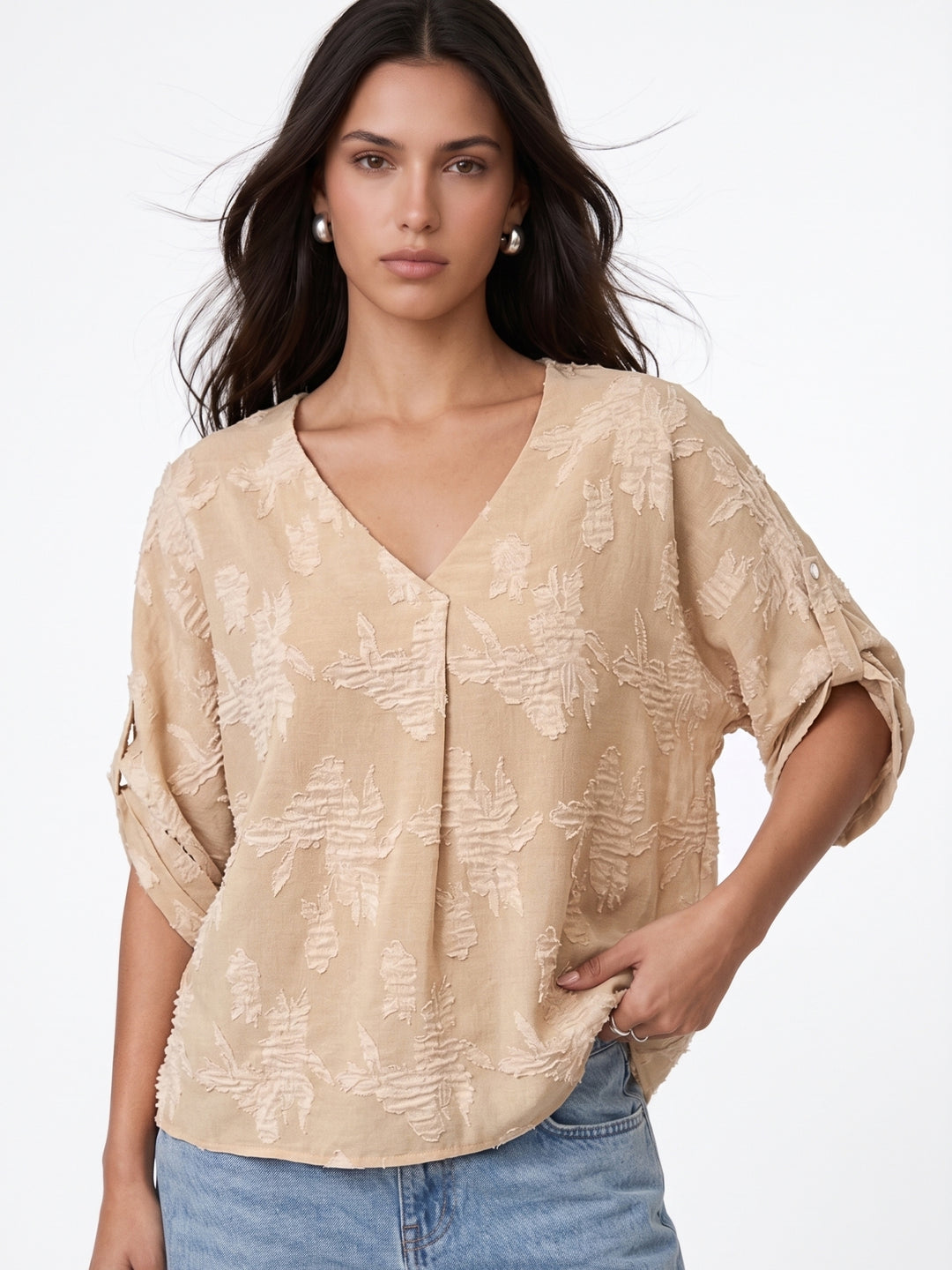 Beige V Neck Textured Top