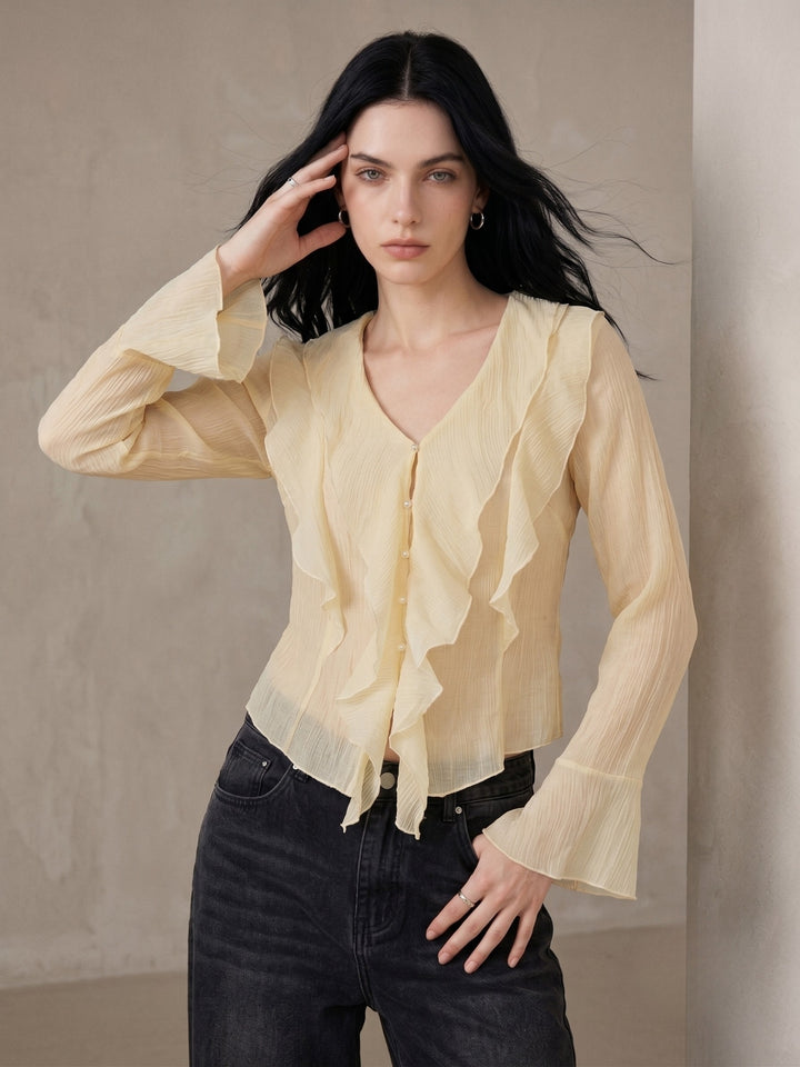 Yellow Button Down Detailed Blouse With Ruffles