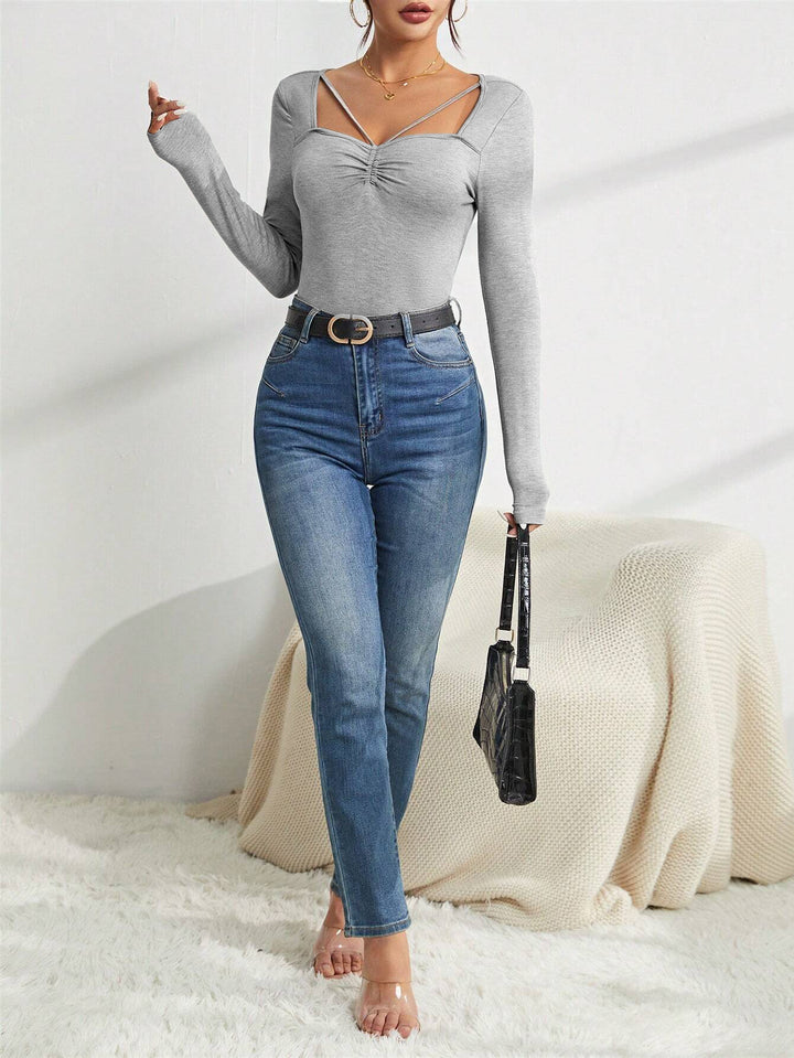 Grey Full Sleevd Sweetheart Neck Knit Top