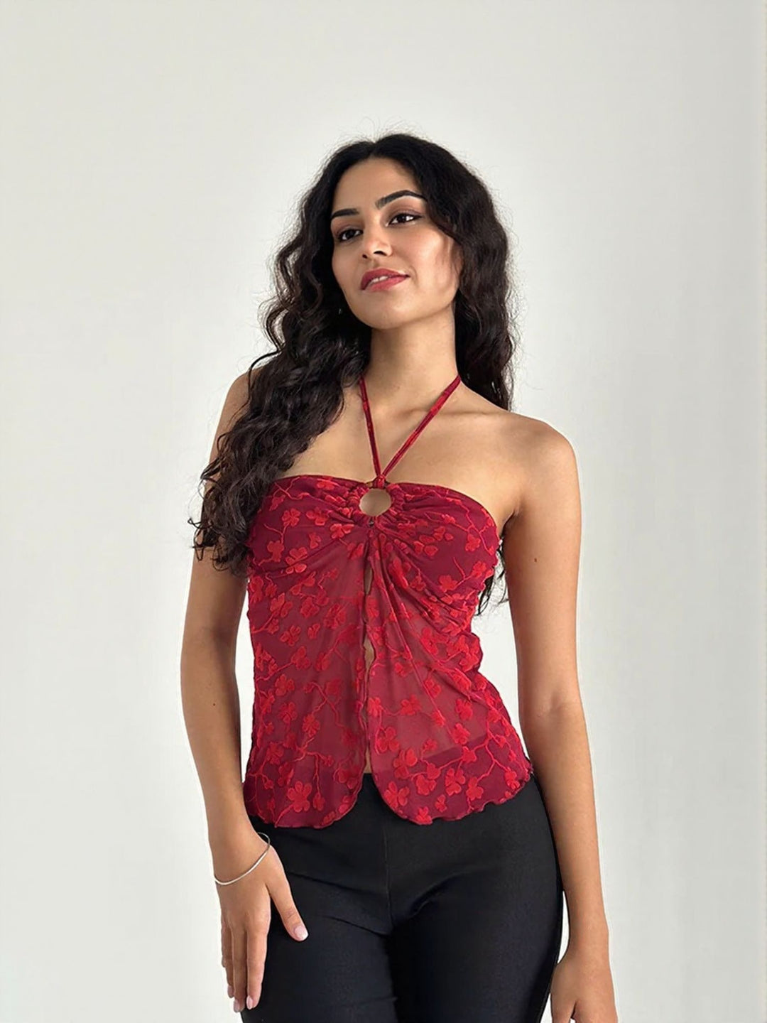 Red Mesh Halter Tie Up Top