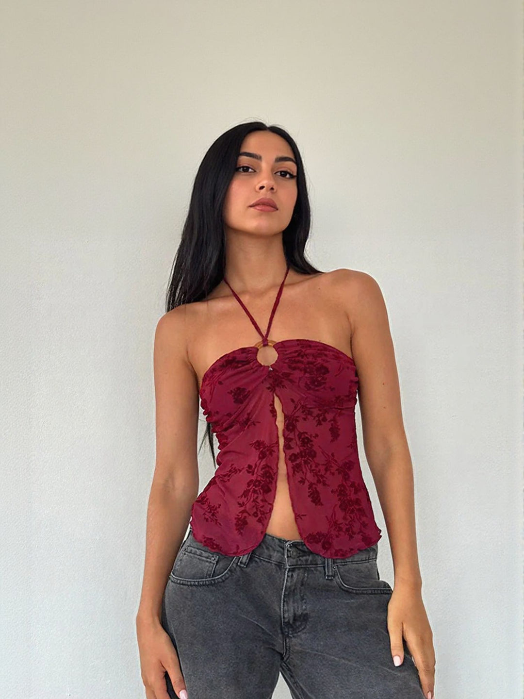 Red Mesh Halter Tie Up Top