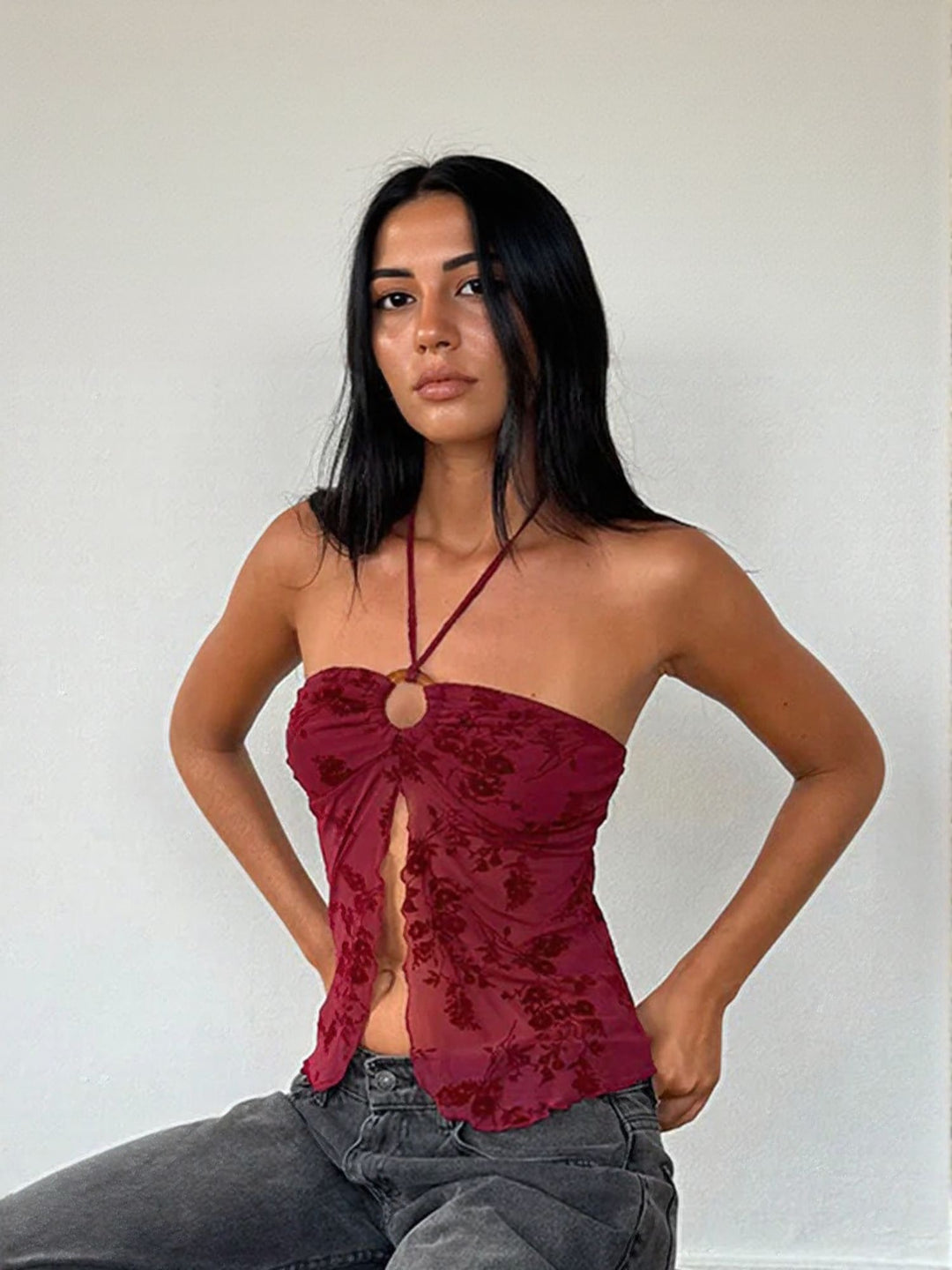 Red Mesh Halter Tie Up Top