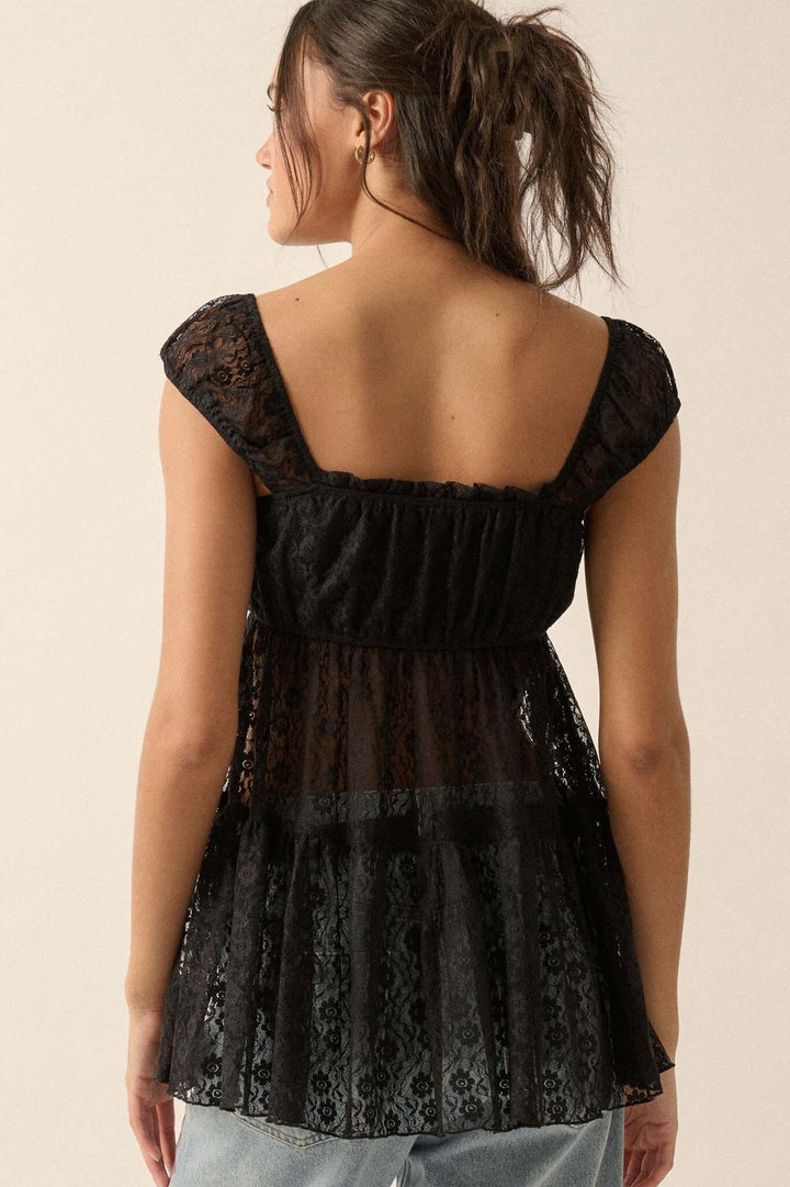 Black Short Sleeves Lace Front Fitted Top