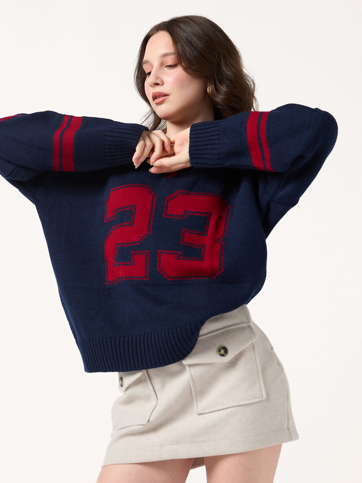 Navy Blue Varsity Graphic Sweater