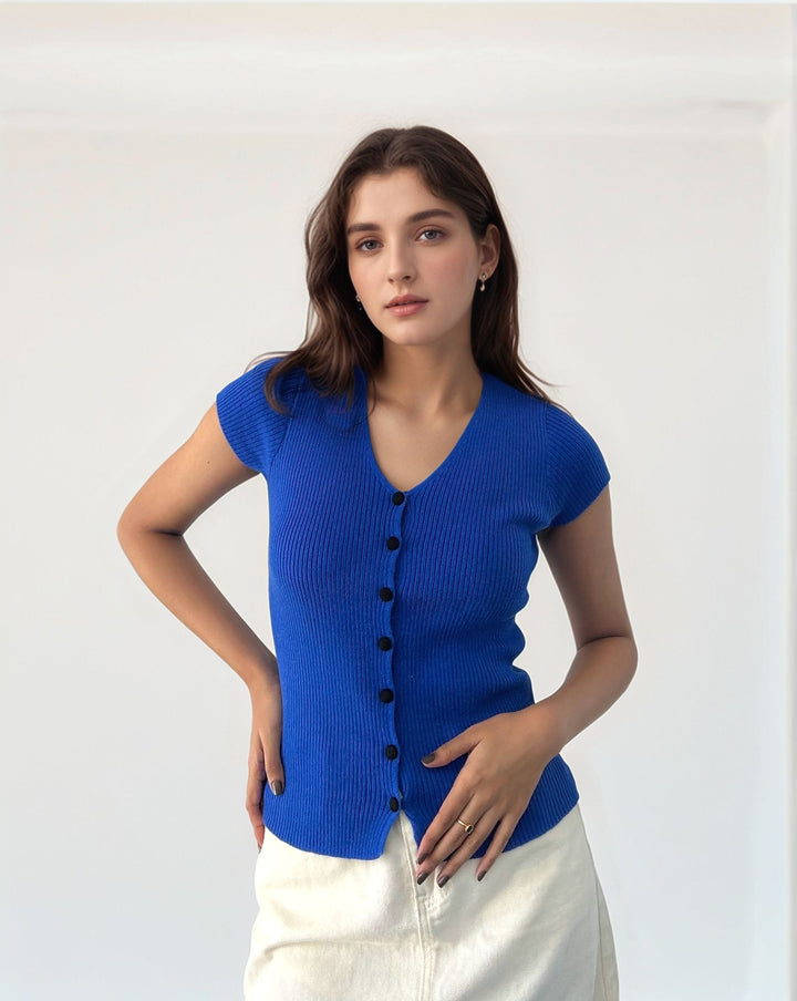 Blue V Neck Button Through Cap Sleeve Top