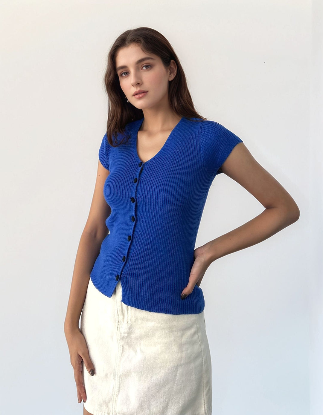 Blue V Neck Button Through Cap Sleeve Top