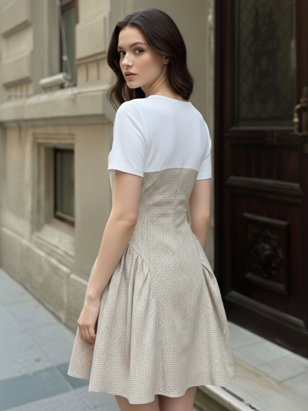 Multi Mini check dress with flared skirt.