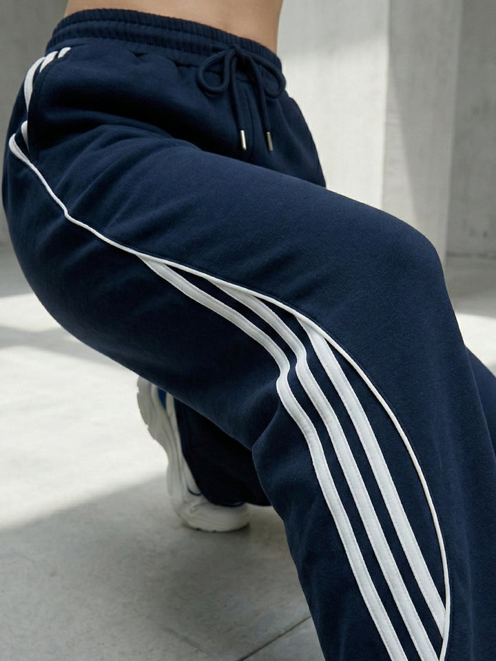 Navy Blue Side Seam Detailing Wide Leg Pant