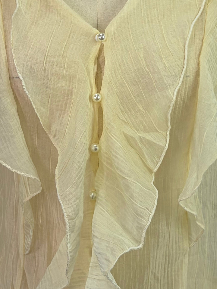 Yellow Button Down Detailed Blouse With Ruffles