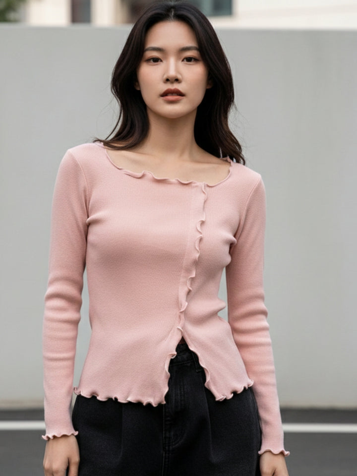 Pink Full Sleeve Wavy Hem Top