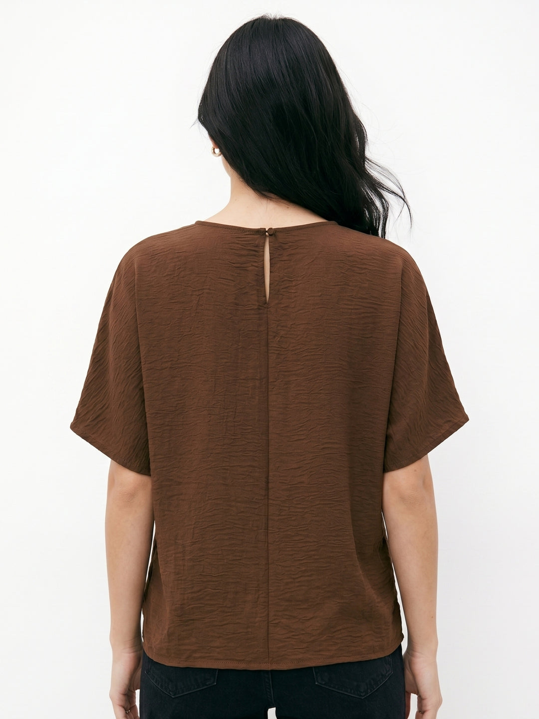 Brown Waist Tie-Up Crew Neck Tops