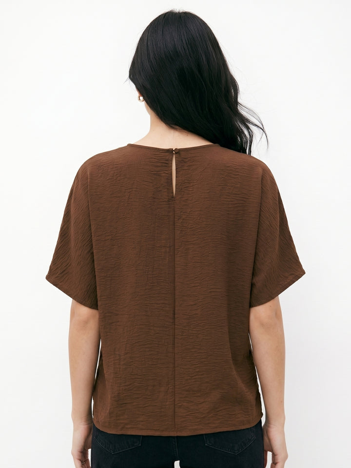 Brown Waist Tie-Up Crew Neck Tops