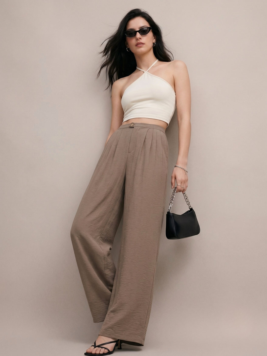 Beige High Waisted Pleated Flowy Trouser