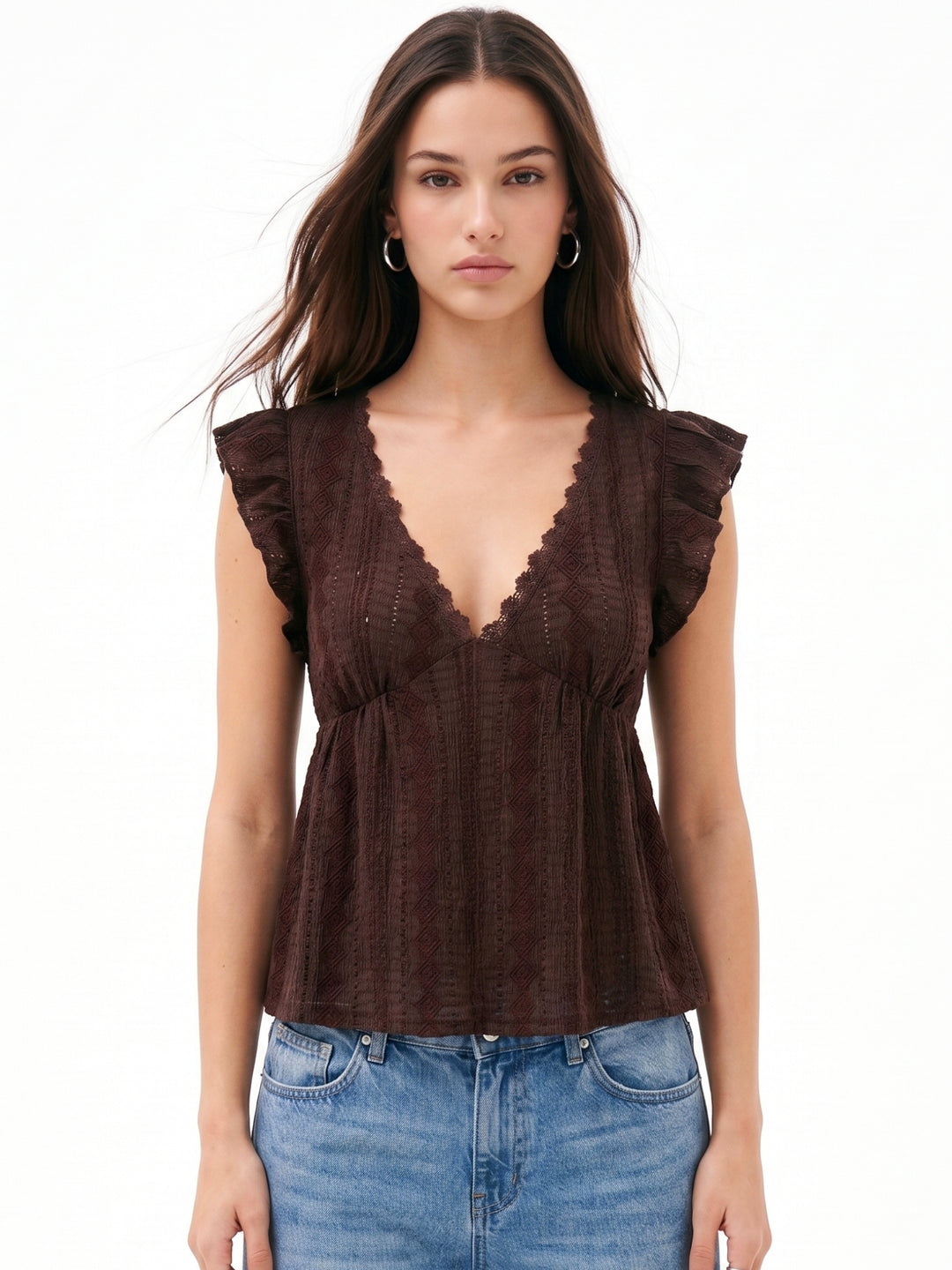 Brown Ruffle Sleeve Lace Detail Top