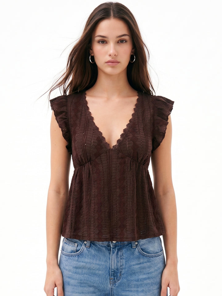 Brown Ruffle Sleeve Lace Detail Top