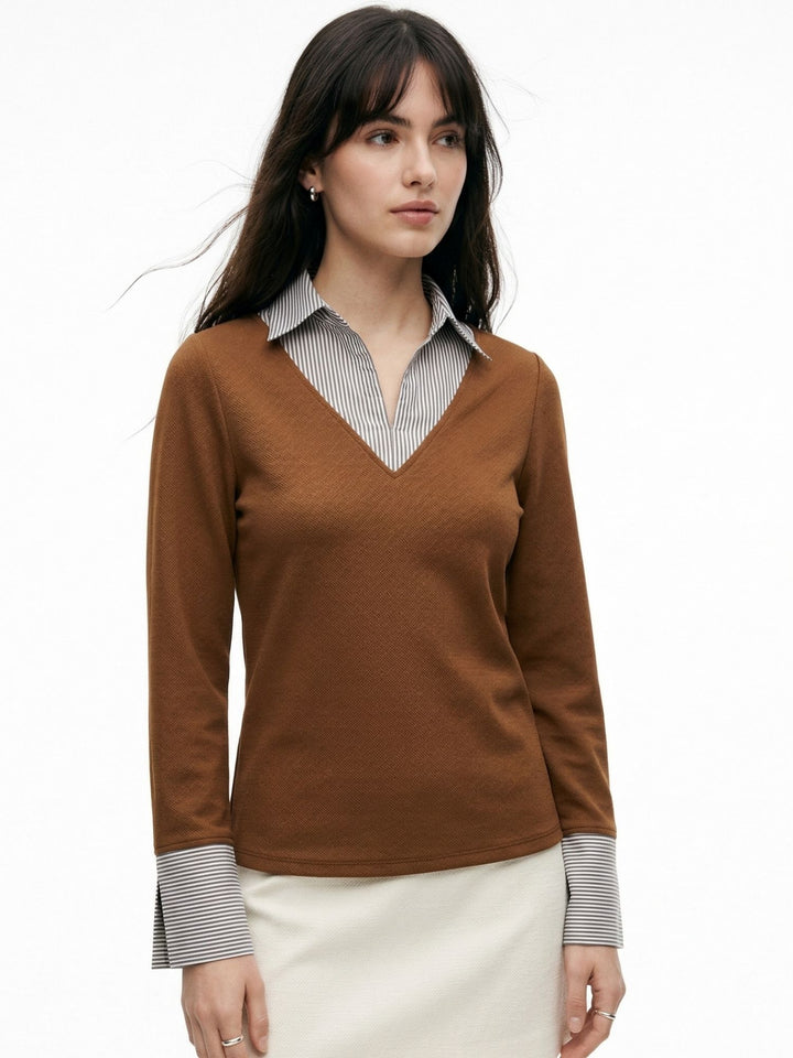 Brown Full Sleeve Contrast Collar Fitted Top