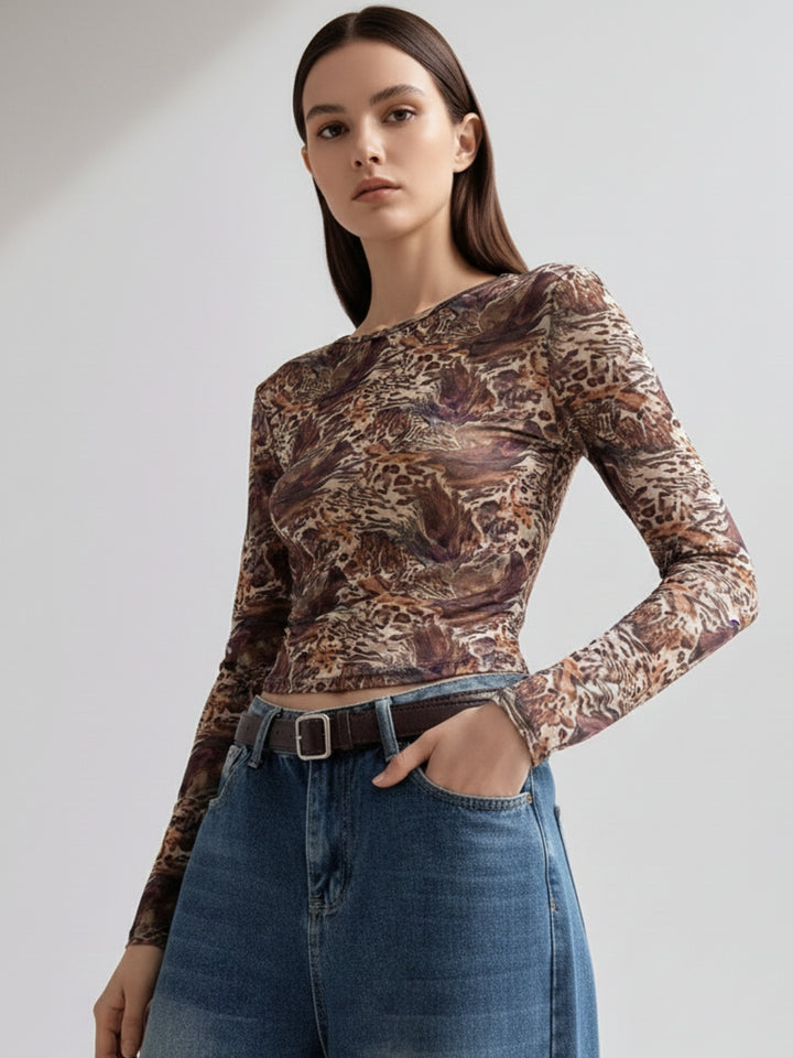 Brown Animal Printed Sheer Top
