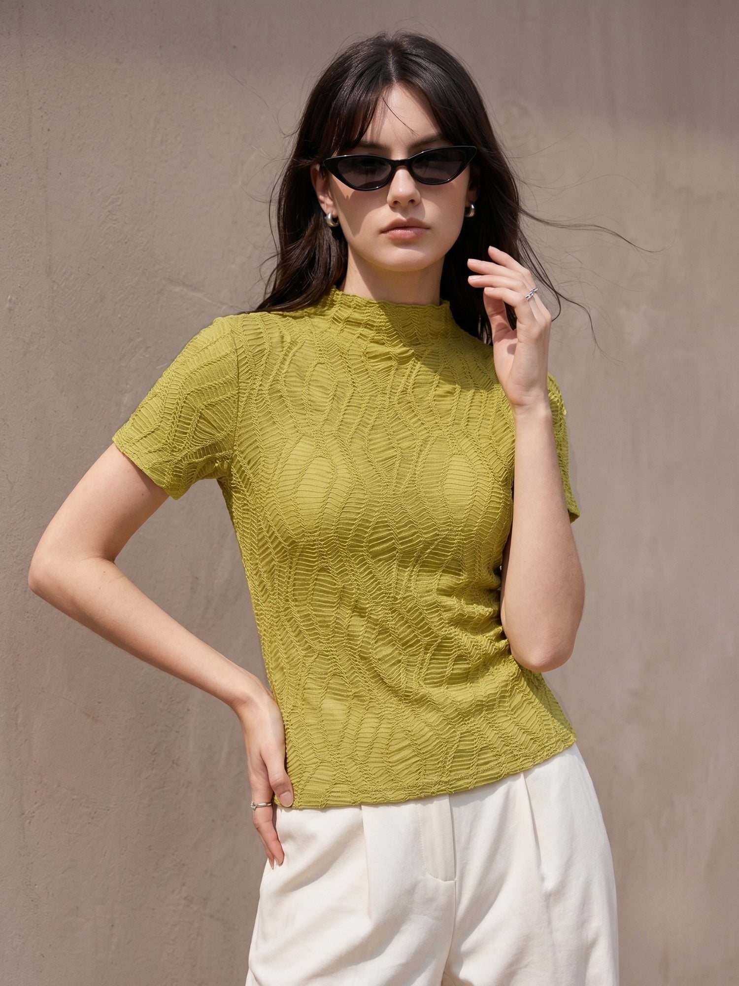Green Textured High Neck Fitted Top