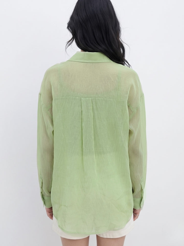 Green Full Sleeve 2Piece Semi Sheer Shirt With Top