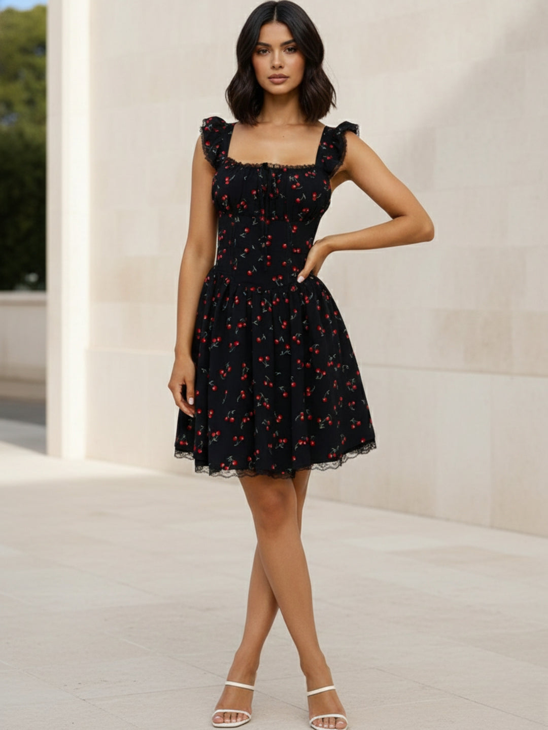 Black Ruffle sleeve square neck dress
