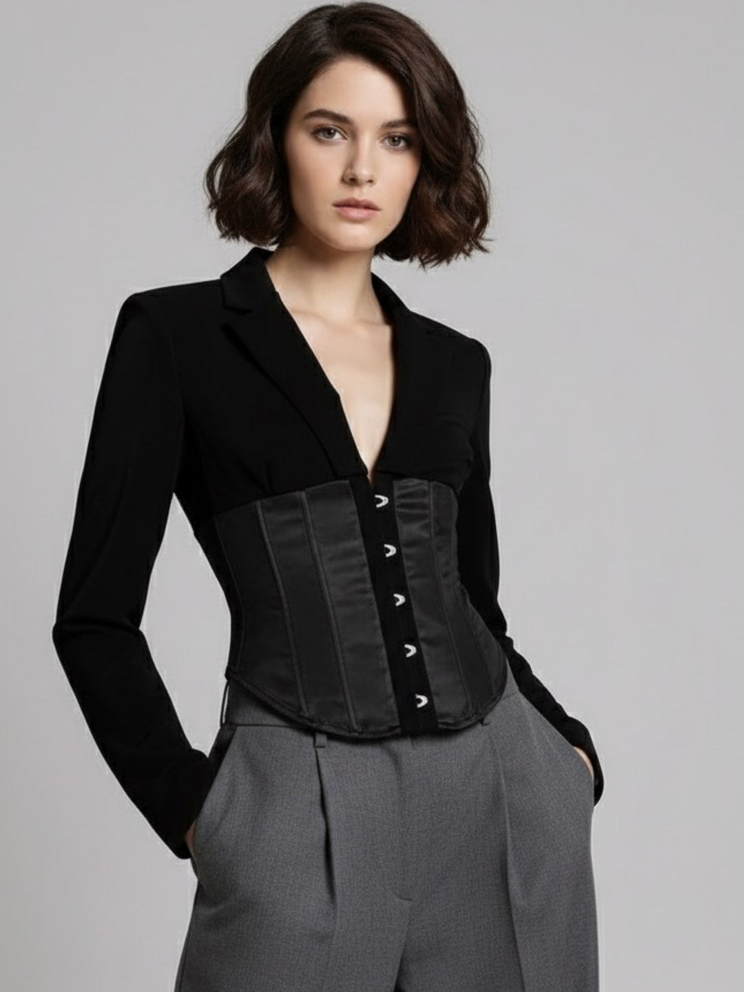 Black Plunge Neck Corset Top