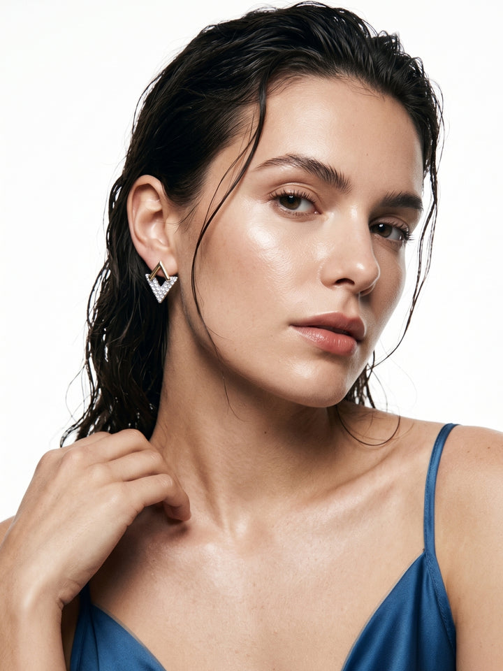 Silver Rhinestone V-Shape Earrings