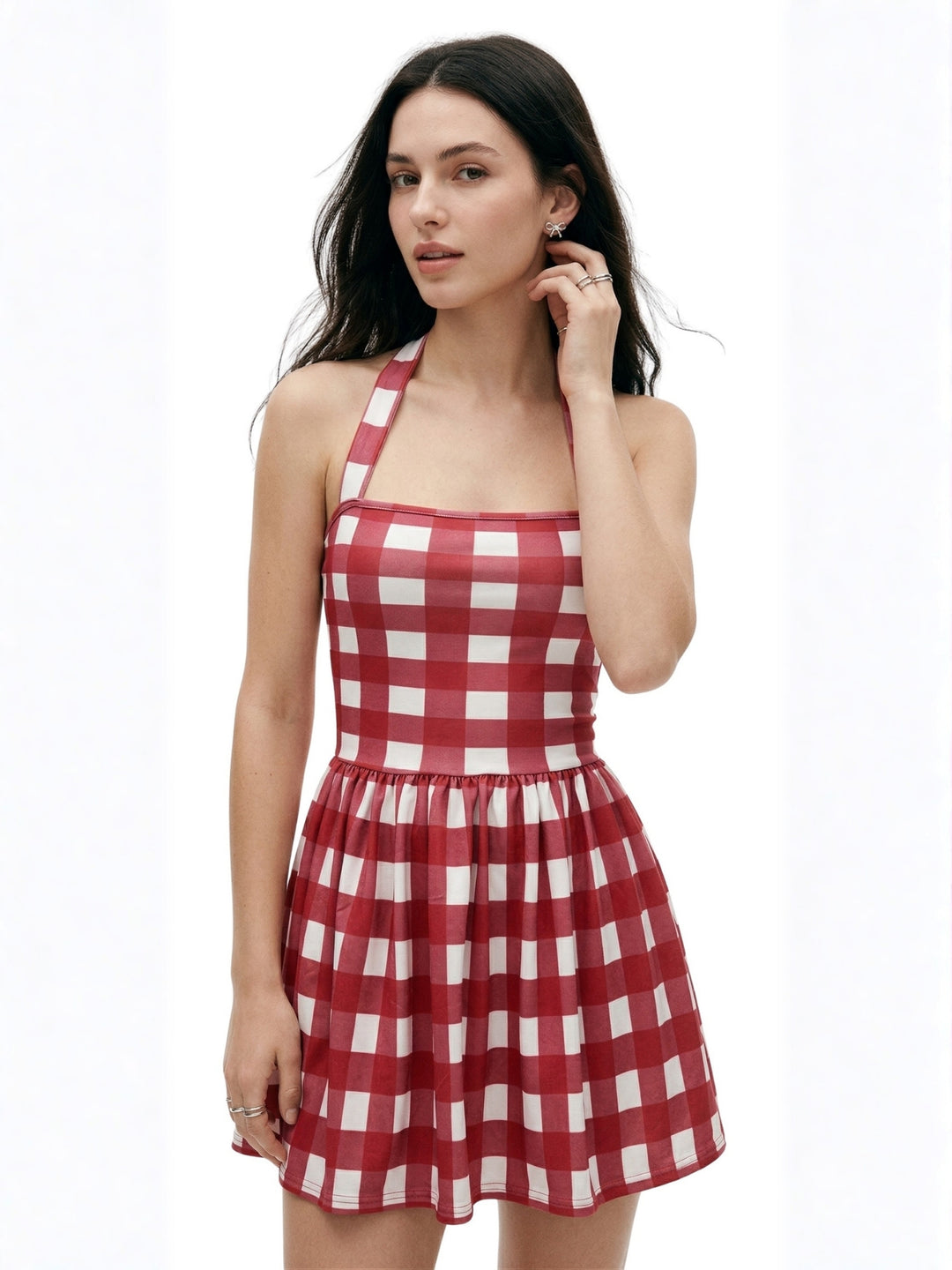 Red Vintage Check Halter Neck Skater Dress